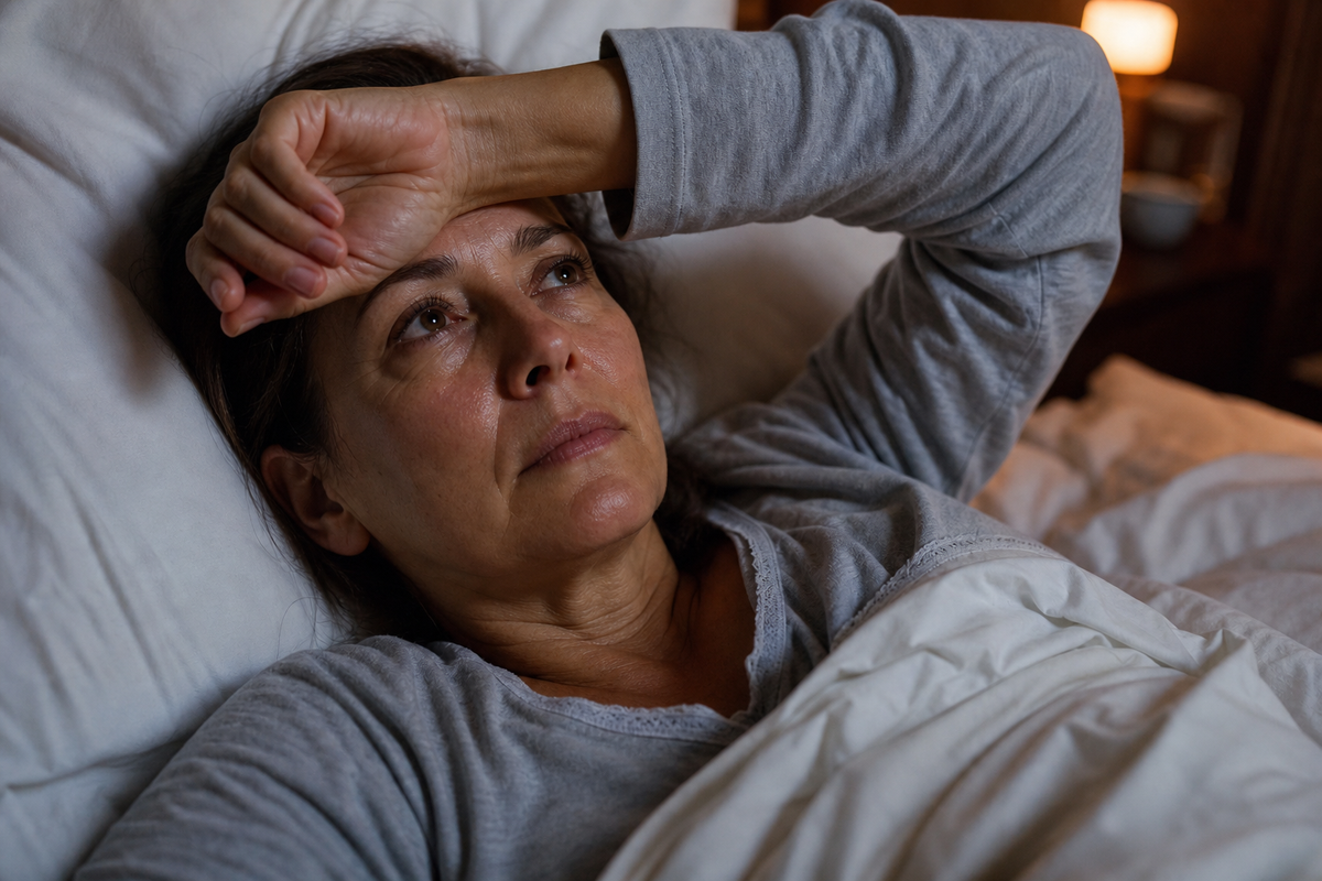 Frau liegt nachts wach im Bett und leidet unter Schwitzen in der Nacht