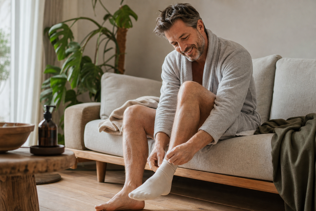 Mann zieht nach der Fußpflege frische Socken an – Alltagsroutine zur Vorbeugung bei Mittel gegen Fußpilz
