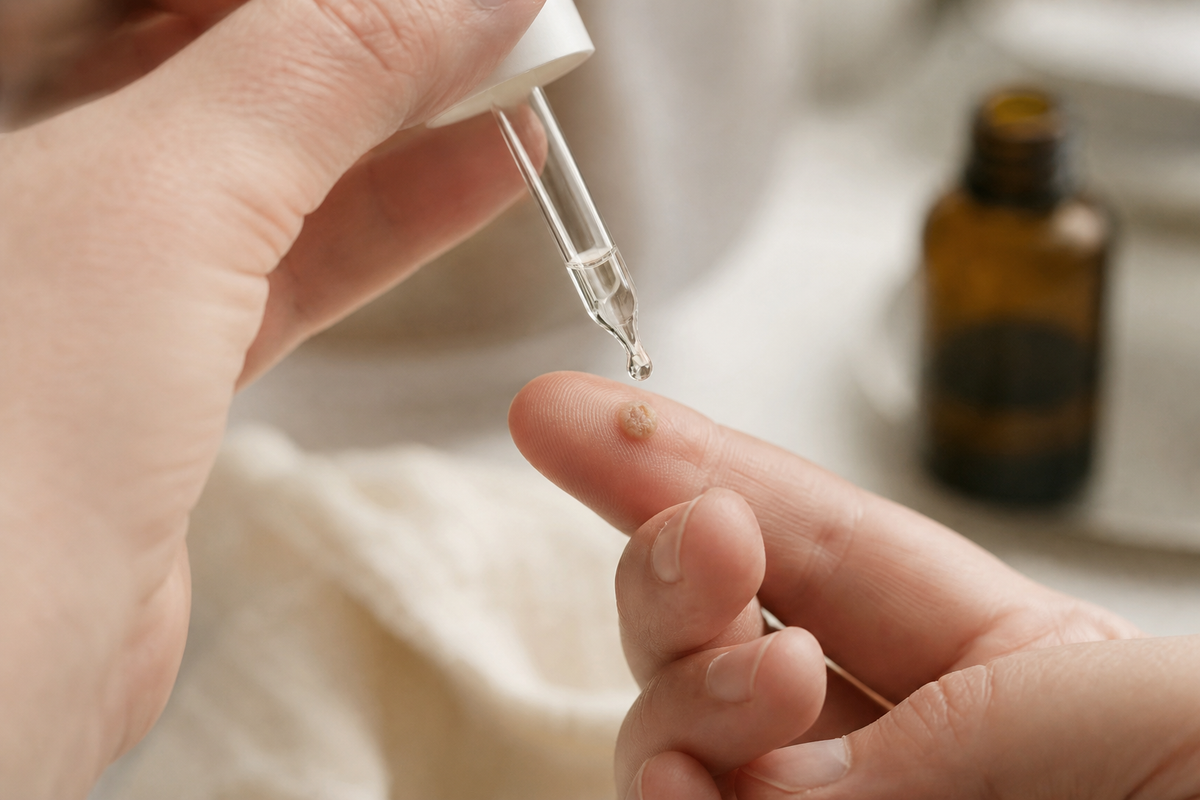 Anwendung eines natürlichen Mittels gegen Warzen mit Pipette auf der Fingerhaut