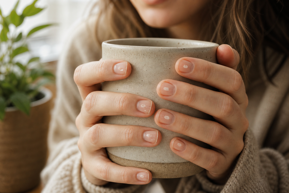 Frau hält Tasse in den Händen, an den Fingernägeln sind deutlich weiße Flecken zu erkennen