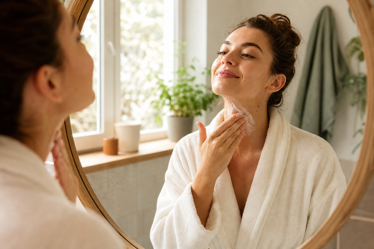 Frau pflegt ihre Haut am Hals mit Naturkosmetik in ihrer Morgenroutine gegen Pickel am Hals