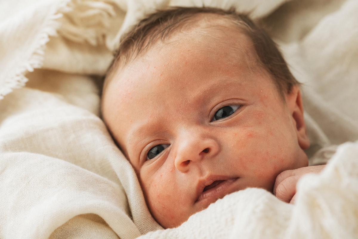 Nahaufnahme eines Babygesichts mit typischen Anzeichen von Neugeborenenakne auf den Wangen