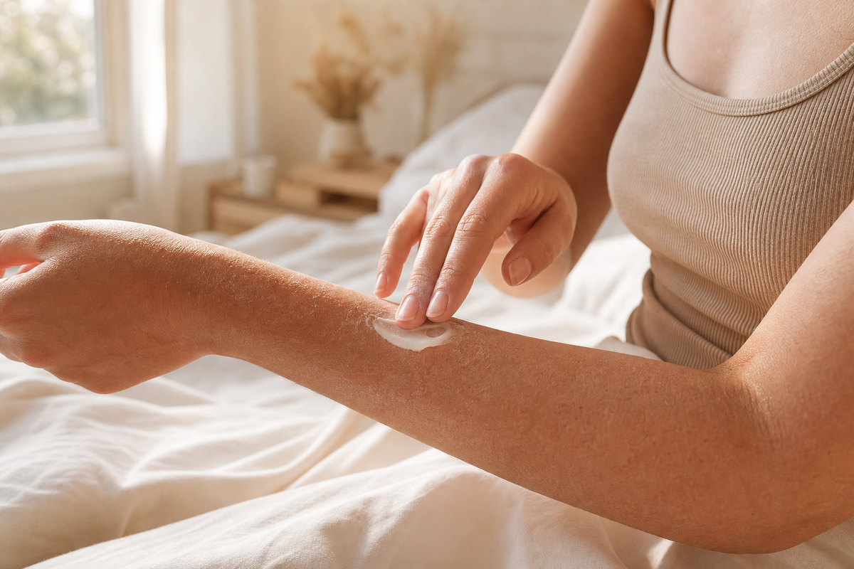 Frau cremt trockene Haut am Arm mit Urea-haltiger Feuchtigkeitscreme ein