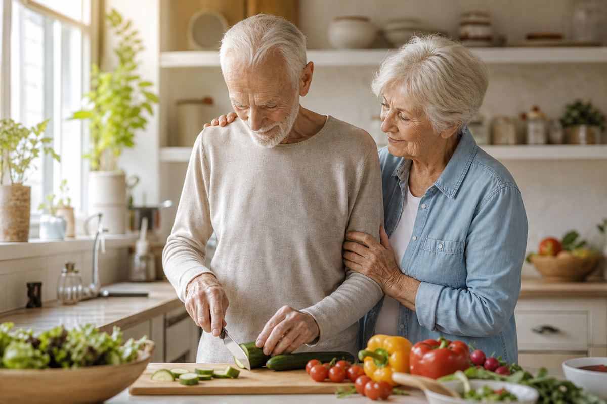 Ehepaar im Alter bereitet gemeinsam eine nährstoffreiche Mahlzeit gegen Gewichtsabnahme zu