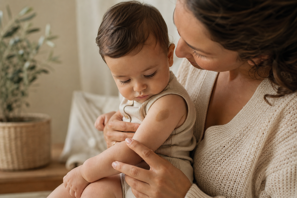 Elternteil betrachtet Café-au-lait-Fleck am Arm des Babys