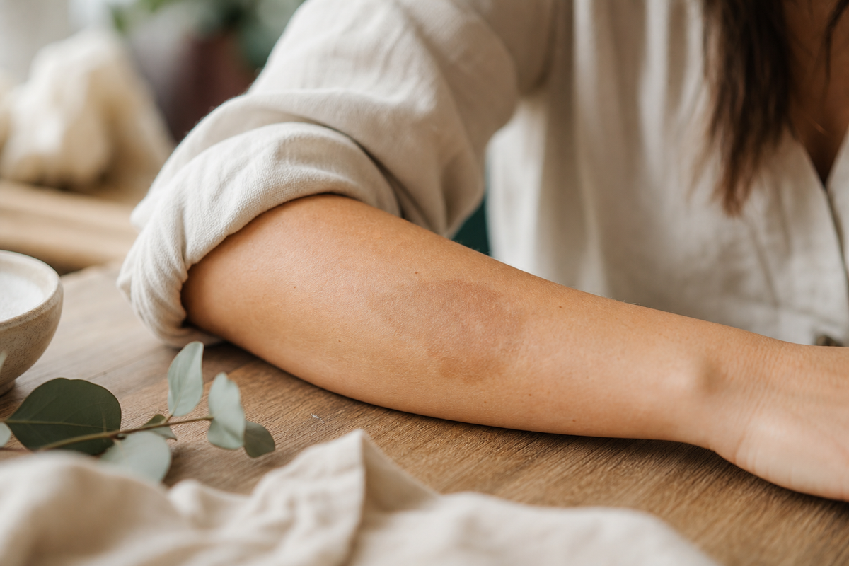 Café-au-lait-Fleck auf dem Unterarm einer erwachsenen Frau