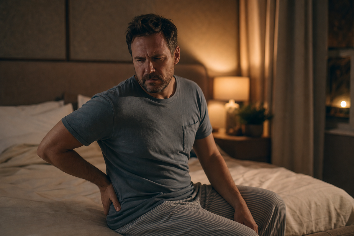 Mann sitzt nachts unruhig im Bett wegen Jucken am After
