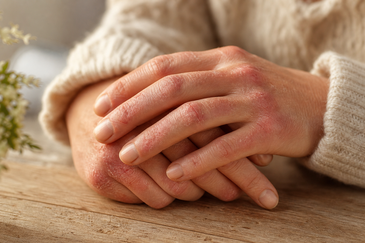 Nahaufnahme von Händen mit Ekzem-Symptomen wie Rötung und trockener Haut