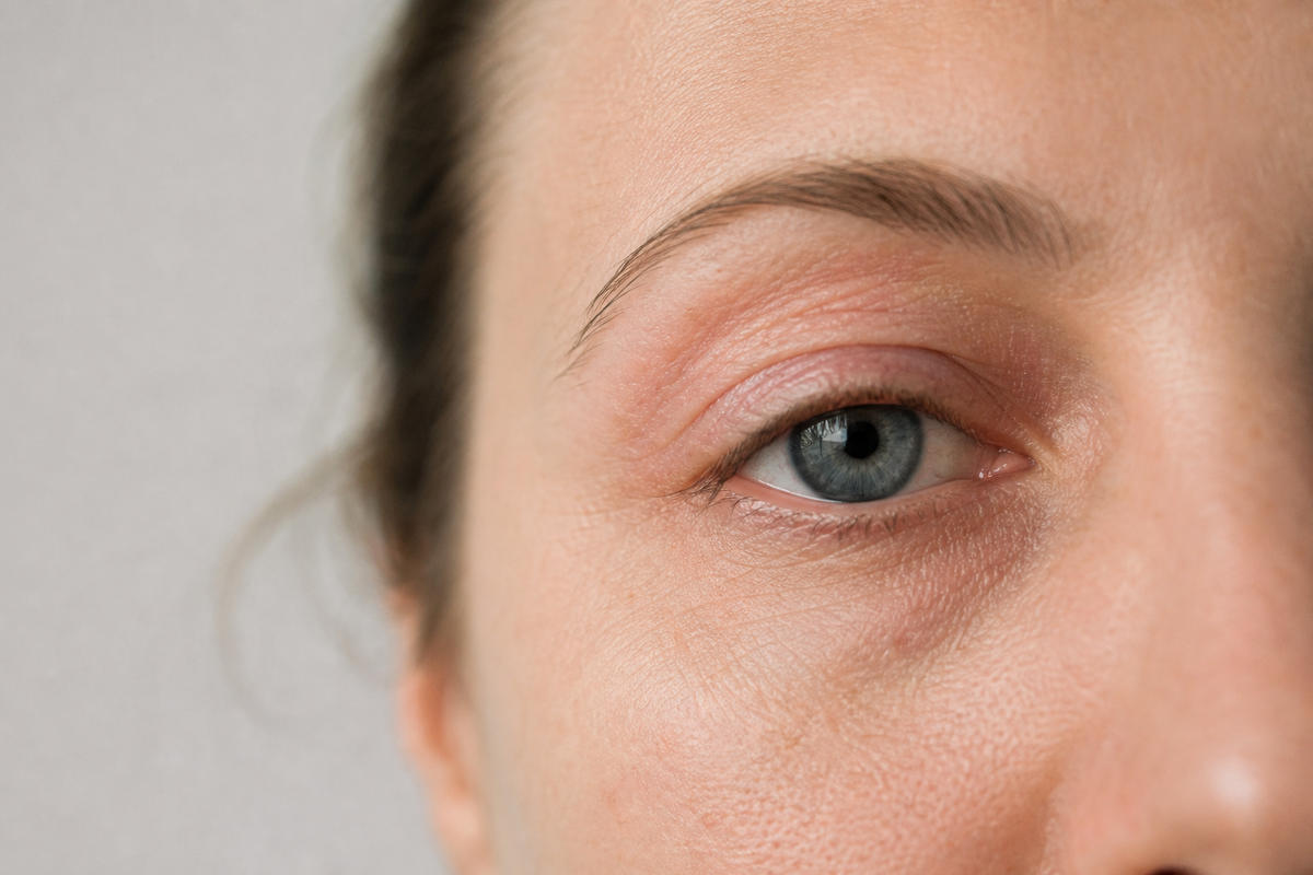 Nahaufnahme eines Auges mit trockenen, empfindlichen Augenlidern