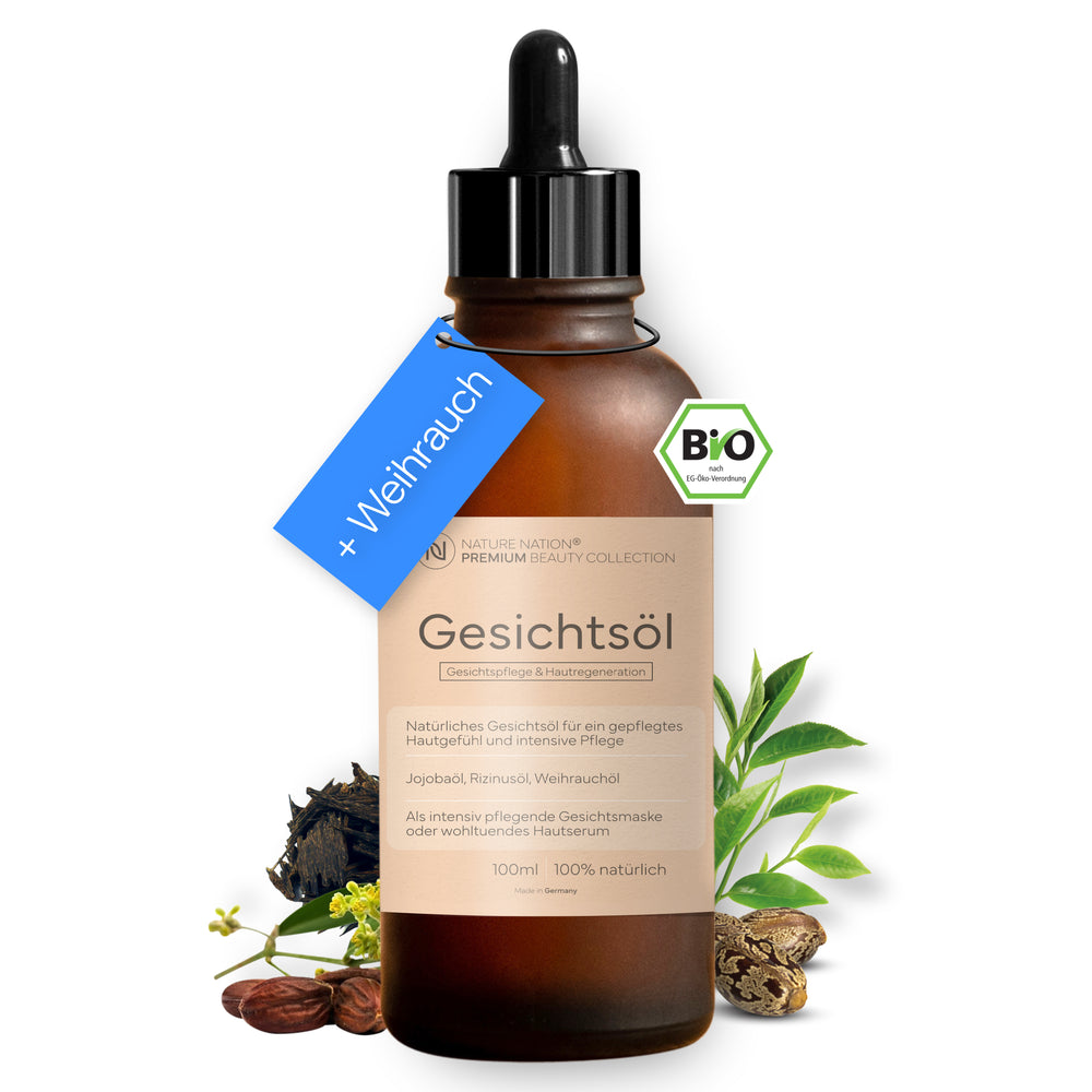 Glättendes und pflegendes BIO-Gesichtsöl - Jojobaöl (Jojoba), Weihrauchöl, Rizinusöl - Für geschmeidige, strahlende Haut - Geeignet für alle Hauttypen: Trockene bis Mischhaut (1 x 100ml, Weihrauch)