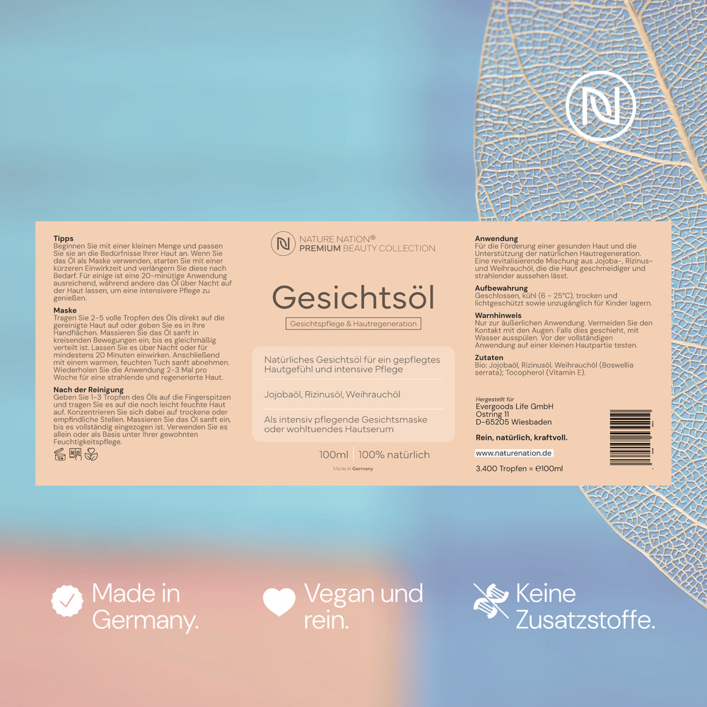 
                      
                        Glättendes und pflegendes BIO-Gesichtsöl - Jojobaöl (Jojoba), Weihrauchöl, Rizinusöl - Für geschmeidige, strahlende Haut - Geeignet für alle Hauttypen: Trockene bis Mischhaut (1 x 100ml, Weihrauch)
                      
                    