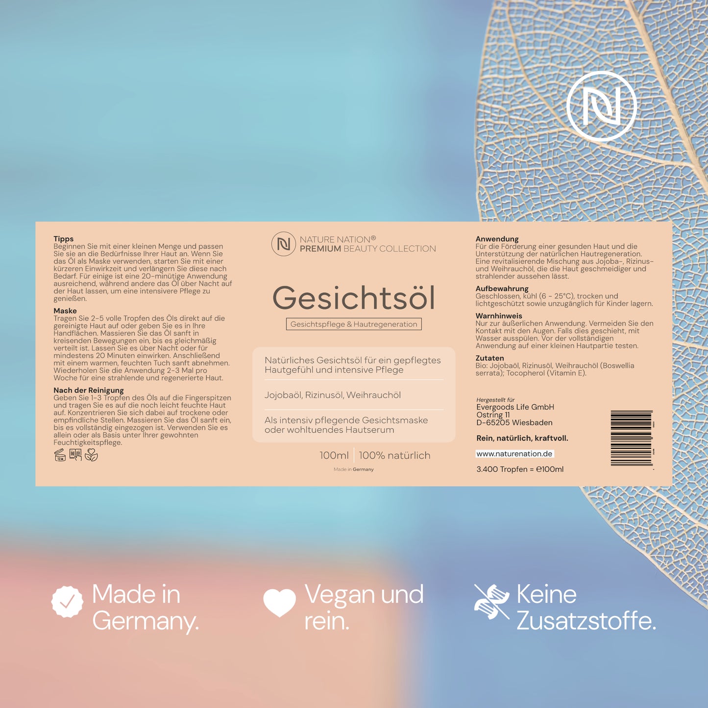 Glättendes und pflegendes BIO-Gesichtsöl - Jojobaöl (Jojoba), Weihrauchöl, Rizinusöl - Für geschmeidige, strahlende Haut - Geeignet für alle Hauttypen: Trockene bis Mischhaut (1 x 100ml, Weihrauch)