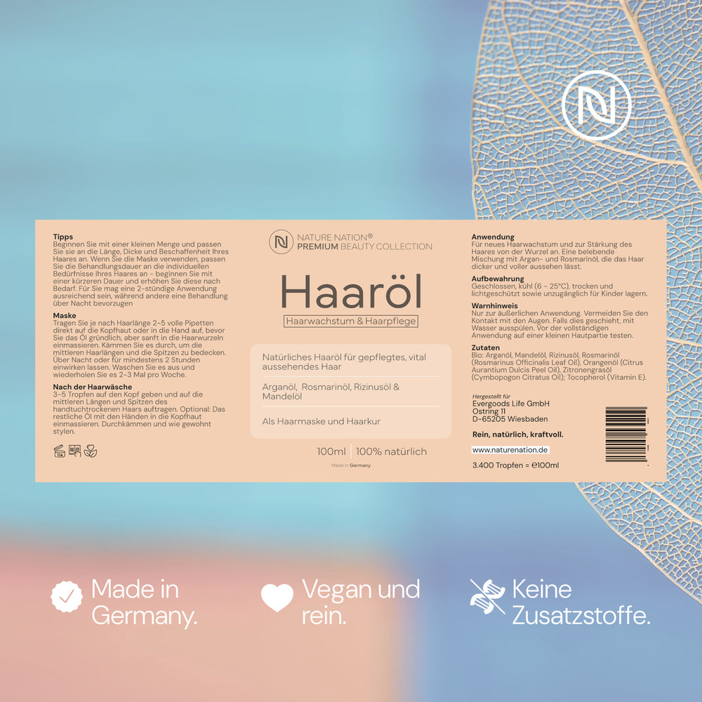 
                      
                        Natürliches Haaröl - Haarwachstum natürlich fördern und Kopfhaut & Haare pflegen - Arganöl, Rizinusöl, Mandelöl, Rosmarinöl - Haarwuchs- & Pflege-Öl als Haarmaske / Haarkur
                      
                    