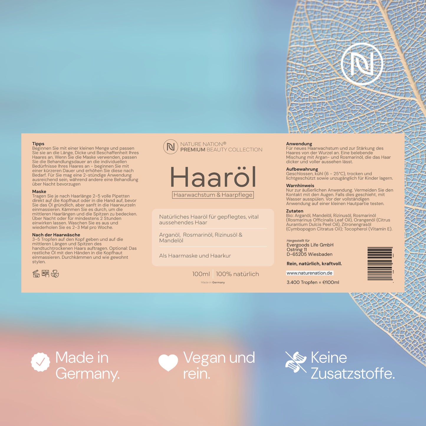 Natürliches Haaröl - Haarwachstum natürlich fördern und Kopfhaut & Haare pflegen - Arganöl, Rizinusöl, Mandelöl, Rosmarinöl - Haarwuchs- & Pflege-Öl als Haarmaske / Haarkur