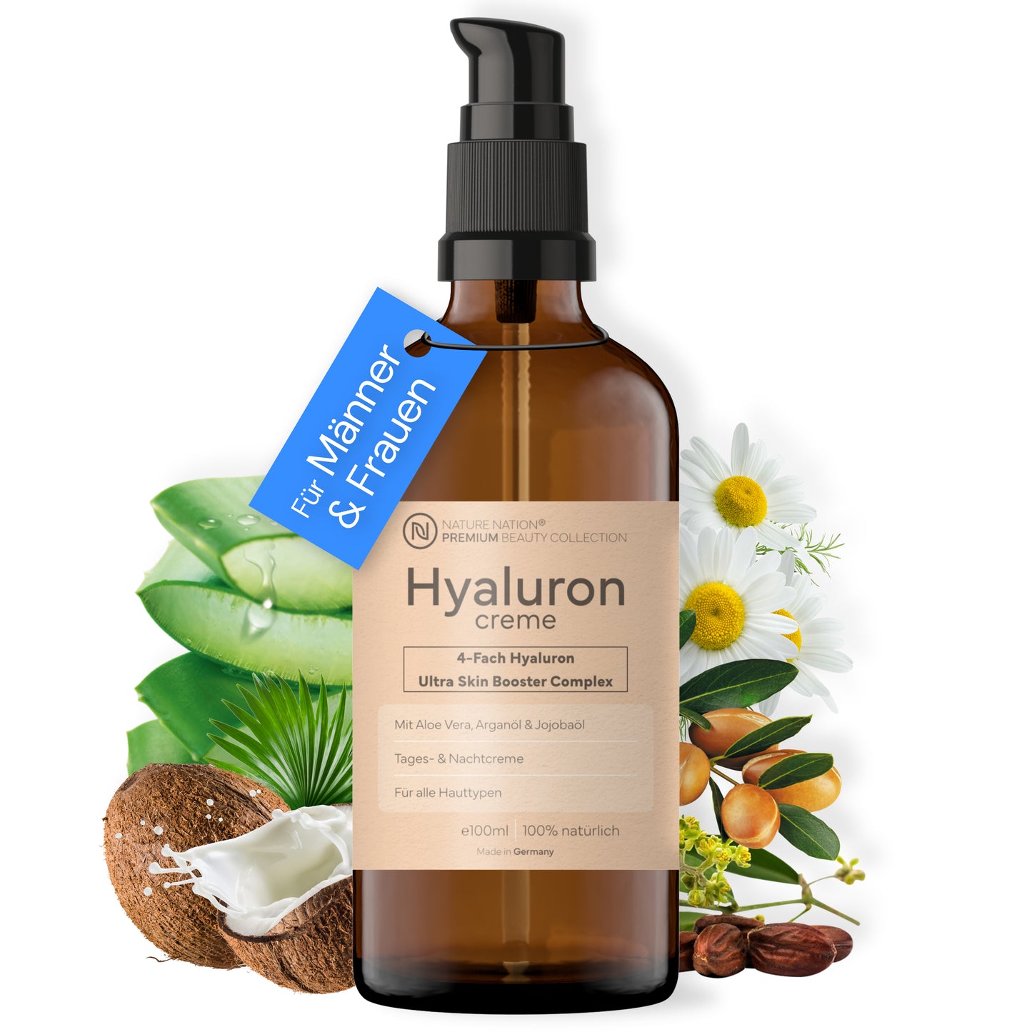 BIO Hyaluron Creme hochdosiert + Arganöl, Jojobaöl, Aloe Vera, Kokosöl, Vitamin C; 4-Fach Anti Falten & Anti Aging Komplex; Naturkosmetik Gesichtscreme; Made in Germany (100ml, Hyaluronsäure)