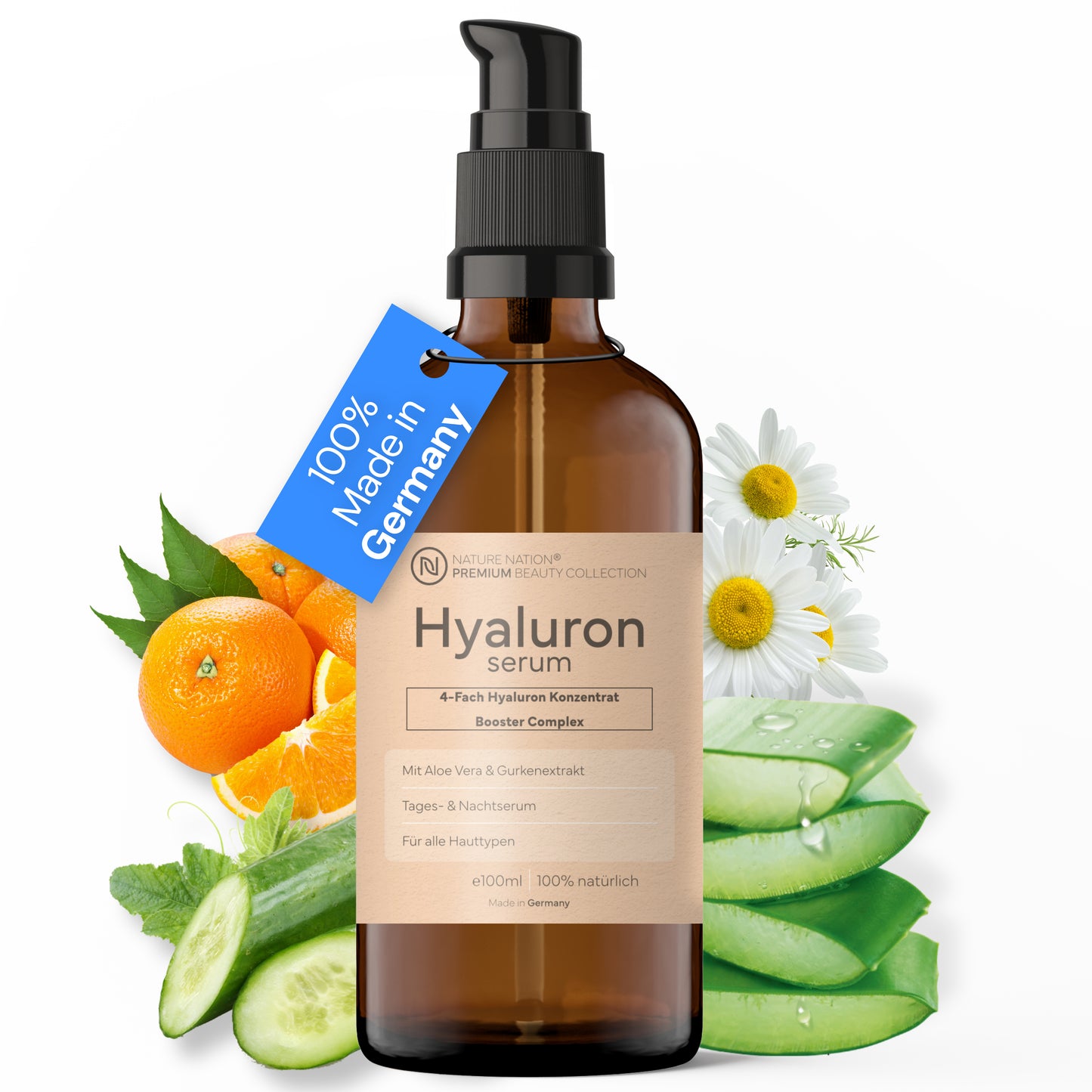 BIO Hyaluron Serum hochdosiert; Beste Hyaluronsäure (Oligo); 8-Fach Anti Aging & Anti Falten Komplex; Hyaluronserum + Aloe Vera & Vitamin C; Naturkosmetik 100% vegan; Made in Germany (100ml, Hyaluron)