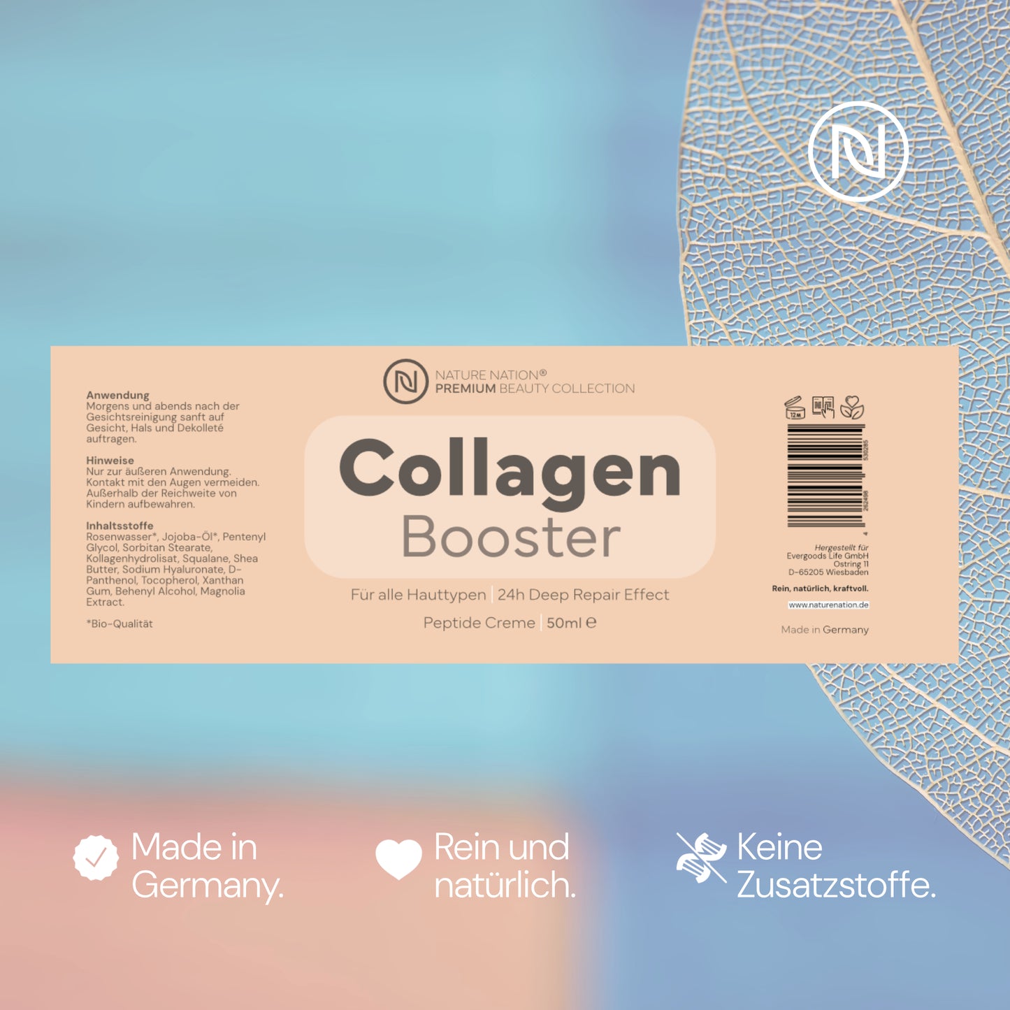 Kollagen Creme - 100% Collagen mit Peptide Typ 1, 2 & 3 - Zieht schnell ein - Mit Hyaluronsäure (Hyaluron) - Laborgeprüft und prod. in DE (1 x 50ml, Geruch: Rosenwasser)