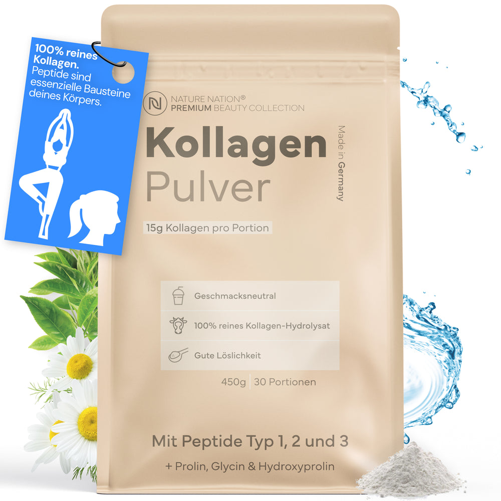 Kollagen Pulver - 100% Collagen Hydrolysat mit Peptide Typ 1, 2 & 3 - Perfekte Löslichkeit, geschmacksneutral - Laborgeprüftes Kollagenpulver, prod. in DE (1 x 450g, 30 Portionen für 1 Monat)
