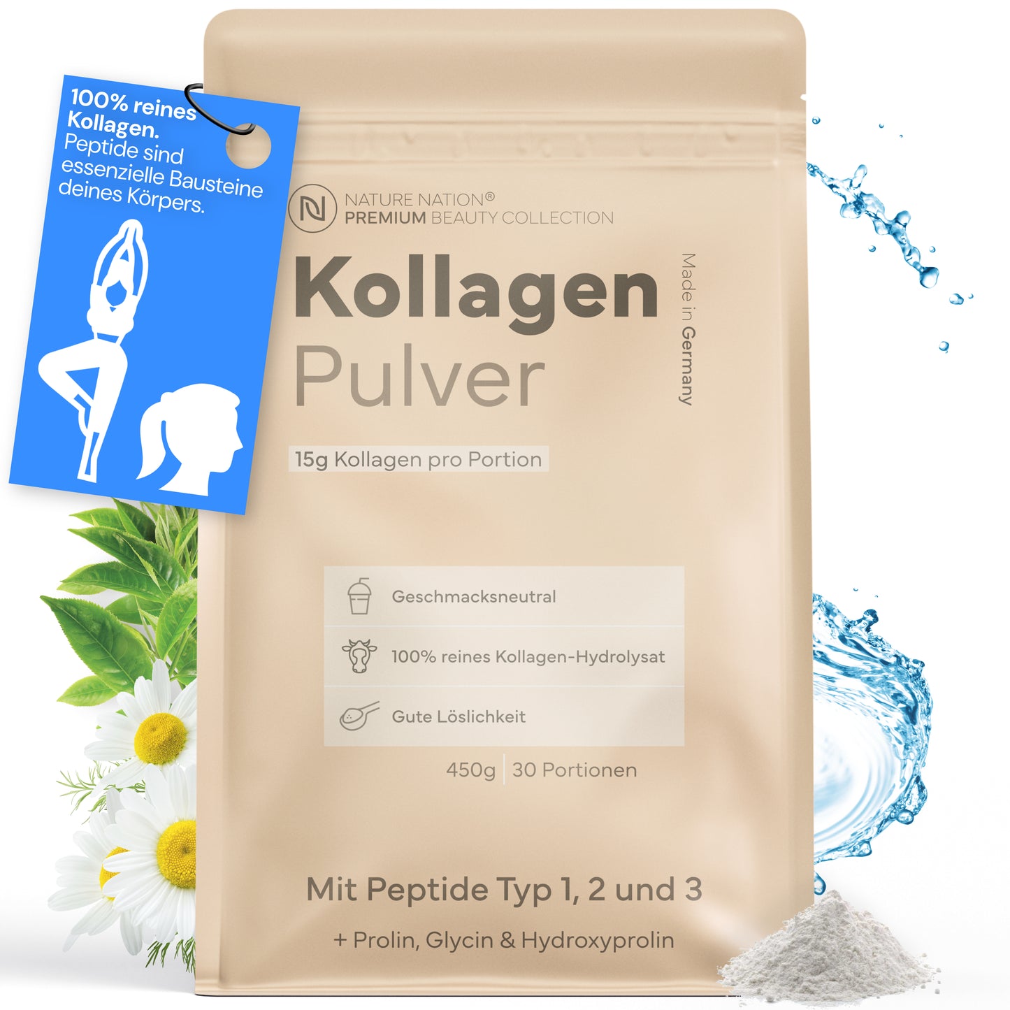 Kollagen Pulver - 100% Collagen Hydrolysat mit Peptide Typ 1, 2 & 3 - Perfekte Löslichkeit, geschmacksneutral - Laborgeprüftes Kollagenpulver, prod. in DE (1 x 450g, 30 Portionen für 1 Monat)