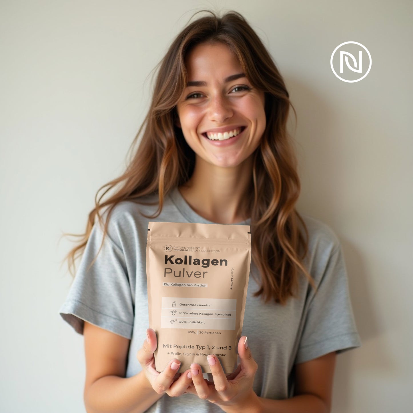 Kollagen Pulver - 100% Collagen Hydrolysat mit Peptide Typ 1, 2 & 3 - Perfekte Löslichkeit, geschmacksneutral - Laborgeprüftes Kollagenpulver, prod. in DE (1 x 450g, 30 Portionen für 1 Monat)