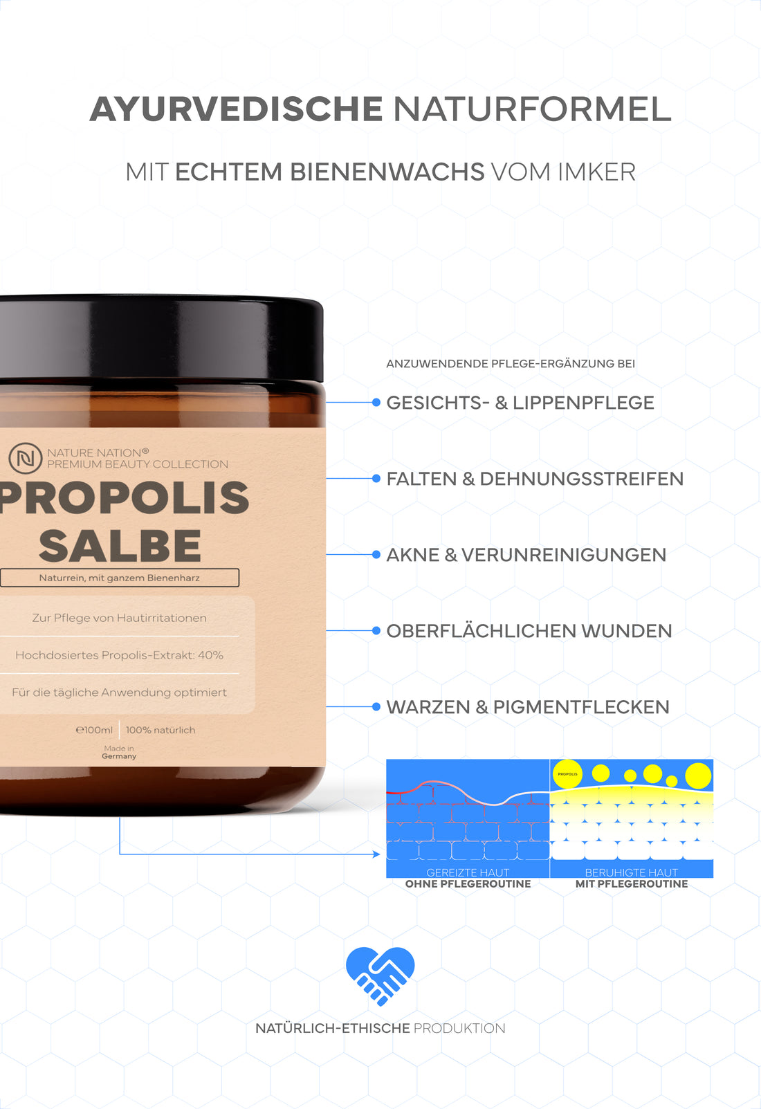 Propolissalbe, 100ml - Hochdosierte 40%-Propoliscreme, mit naturreinem Bio-Propolis, kaltgepresstem Traubenkernöl und Bienenwachs