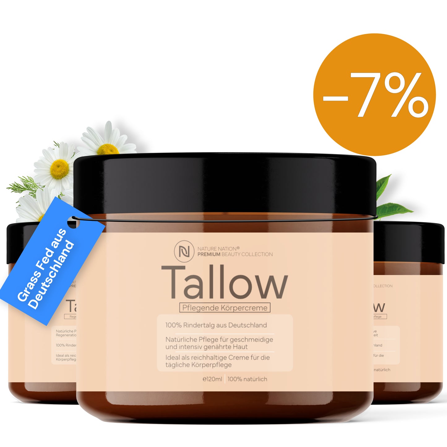 Tallow Rindertalg - 100% natürliche Hautpflege - Beef Tallow (Talg) Creme von deutschen Rindern aus freier und artgerechter Weidehaltung - Mit Vitamin E und ohne Zusatzstoffe (3 x 120ml, Unparfümiert)