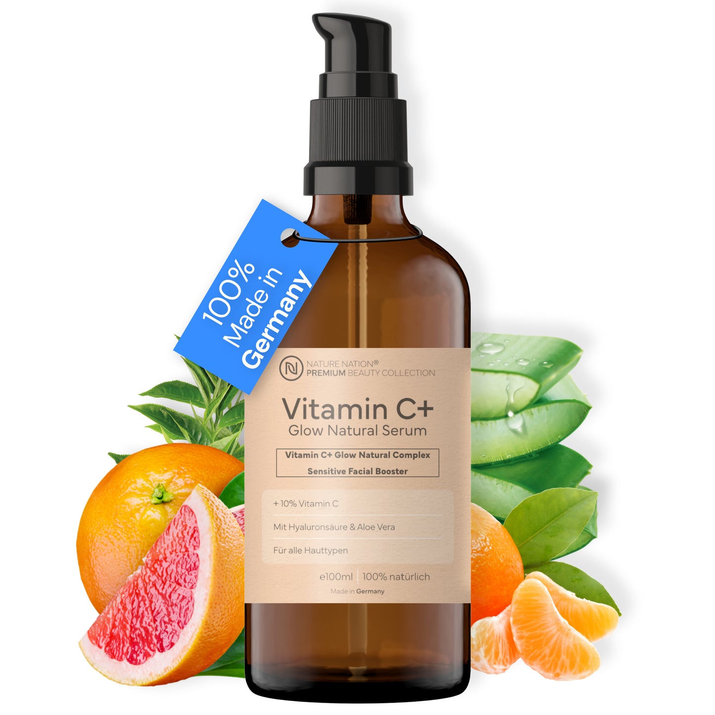 BIO Vitamin C Pro Serum 10% hochdosiert - 6-Fach Anti Aging & Anti Falten Komplex; Gegen dunkle Flecken; Mit Hyaluronsäure & Aloe Vera; Naturkosmetik 100% vegan; Made in Germany (100ml, Vitamin C)
