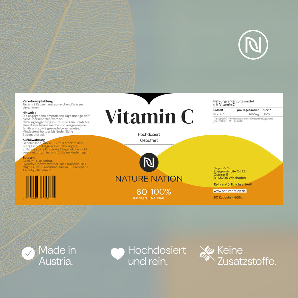 
                      
                        Vitamin C - Hochdosiert & gepuffert: 1000mg pro Kapsel, mit Calcium Ascorbat - Laborgeprüft & vegan - Magenfreundlich & ohne Zusatzstoffe (1 x 60 Kapseln: Vorrat für 1 Monat, Geschmacklos)
                      
                    