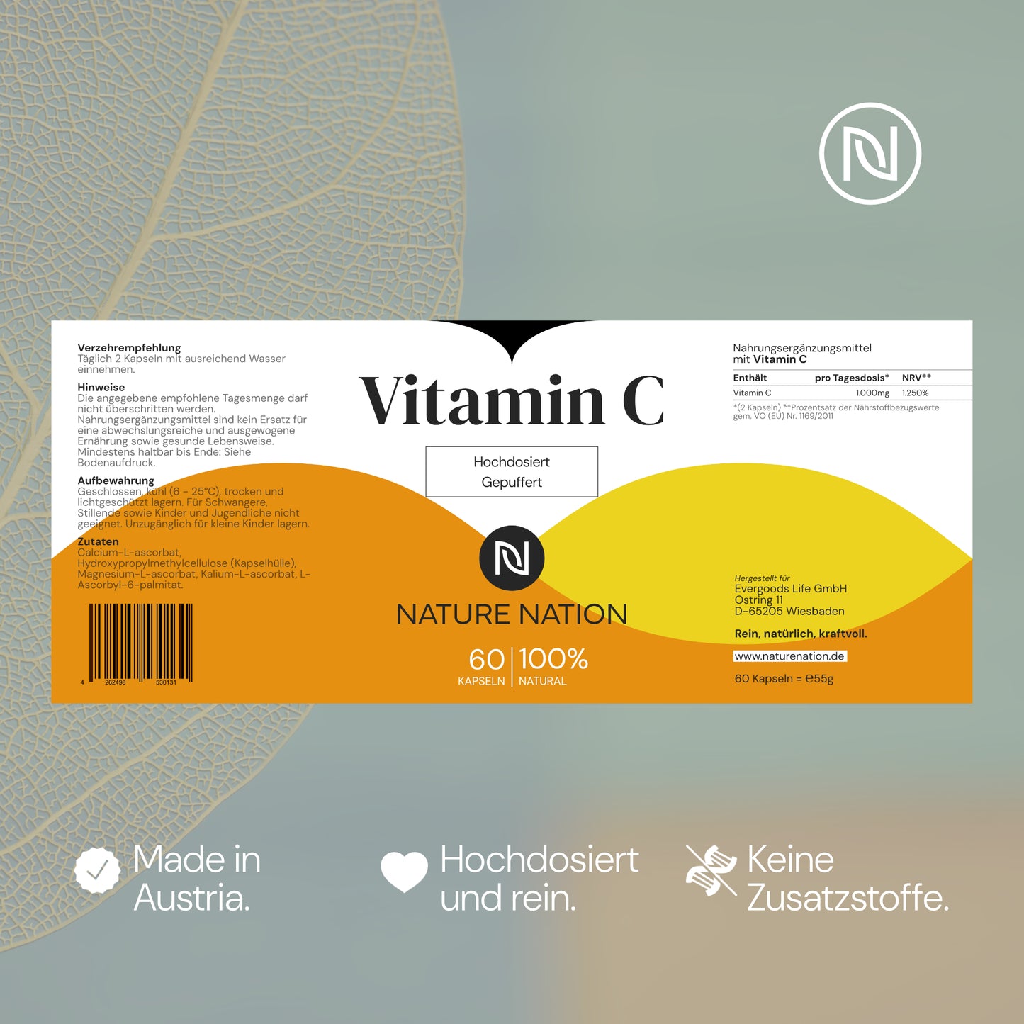 Vitamin C - Hochdosiert & gepuffert: 1000mg pro Kapsel, mit Calcium Ascorbat - Laborgeprüft & vegan - Magenfreundlich & ohne Zusatzstoffe (1 x 60 Kapseln: Vorrat für 1 Monat, Geschmacklos)