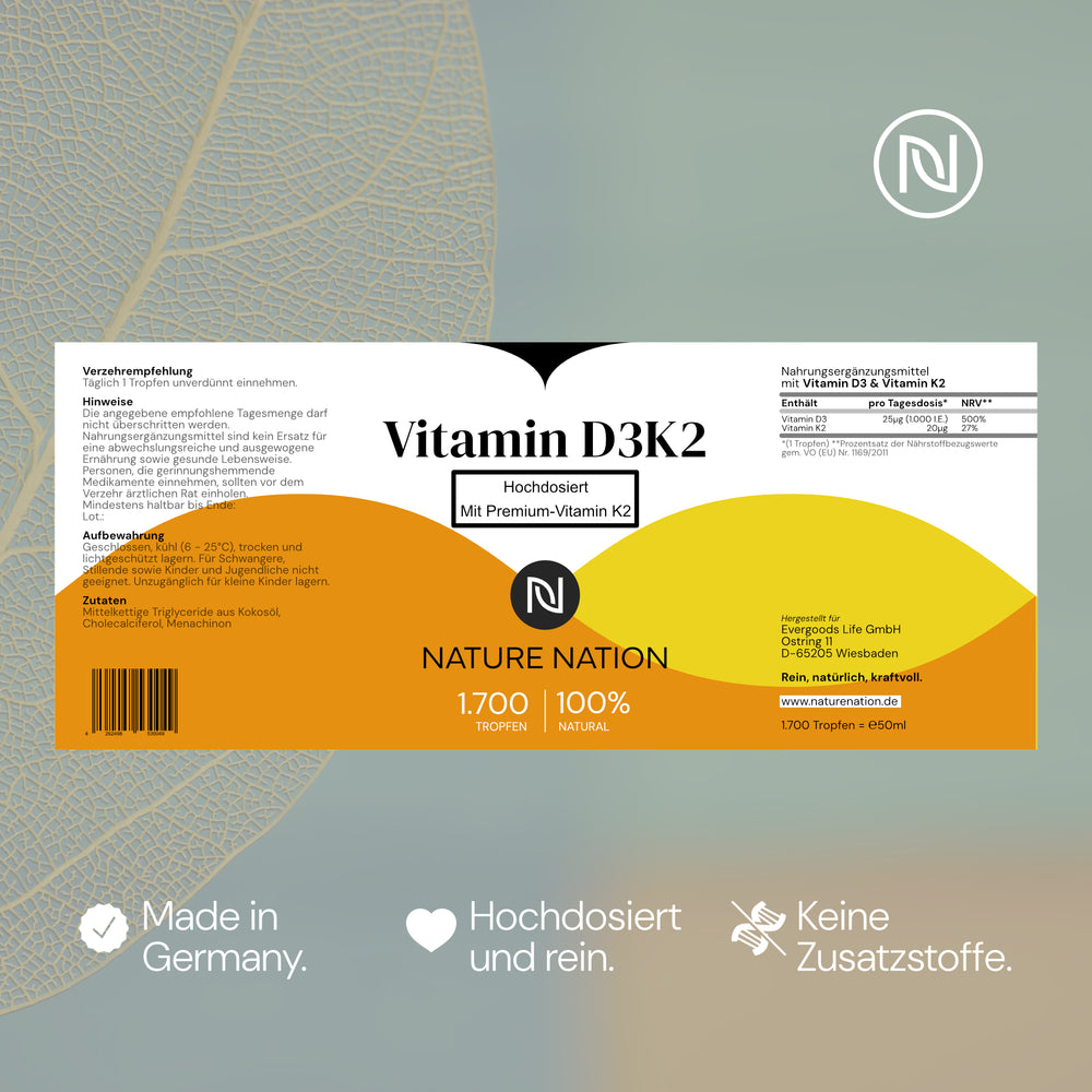 
                      
                        Vitamin D3 + K2 Tropfen - Vitamin D3 5000 IE, Vitamin K2 100µg pro Einnahme - MK-7-99,7% All-Trans, MCT-Kokosöl - Premium-Qualität, Für Kinder ab 3 Jahren geeignet, flüssig, Made in Germany (1 x 50ml)
                      
                    