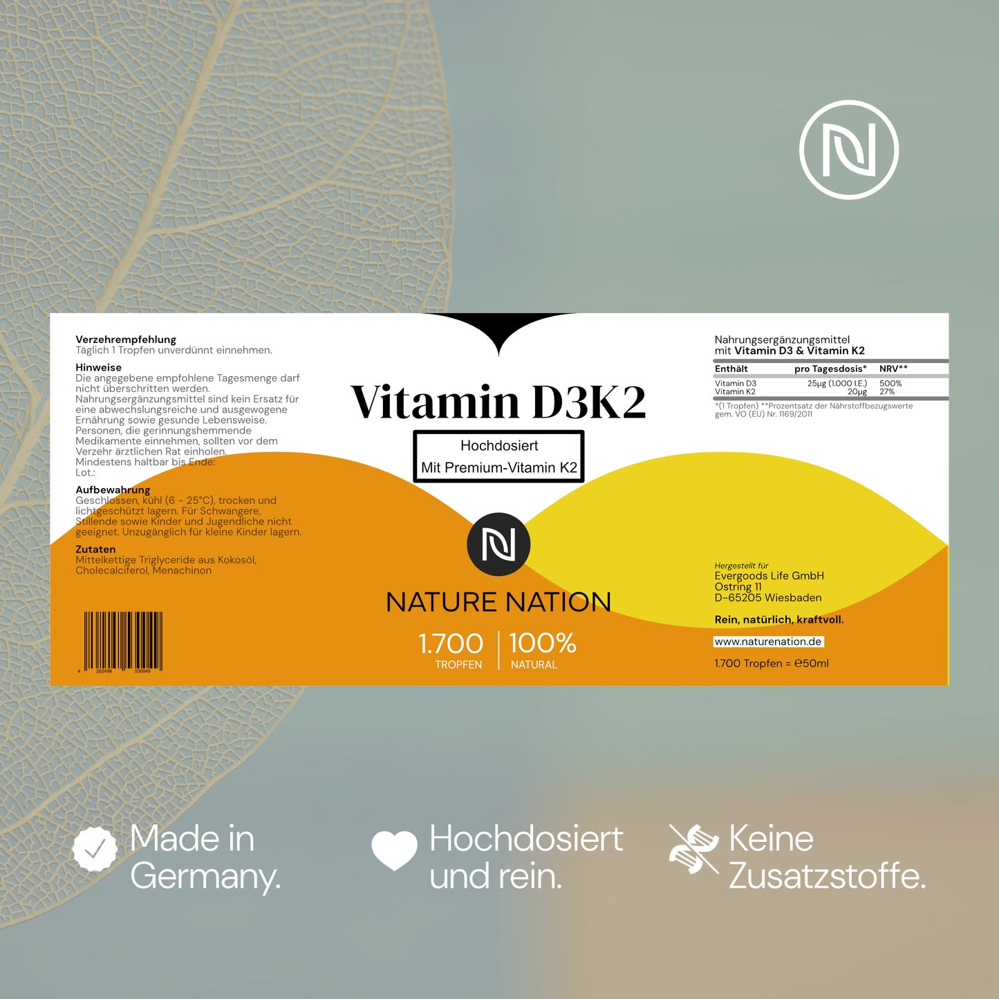 Vitamin D3 + K2 Tropfen - Vitamin D3 5000 IE, Vitamin K2 100µg pro Einnahme - MK-7-99,7% All-Trans, MCT-Kokosöl - Premium-Qualität, Für Kinder ab 3 Jahren geeignet, flüssig, Made in Germany (1 x 50ml)