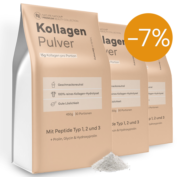 Kollagen Pulver Hydrolysat, 3 x 450g - 100% Peptide Typ I, II & III, geschmacksneutral & leicht löslich