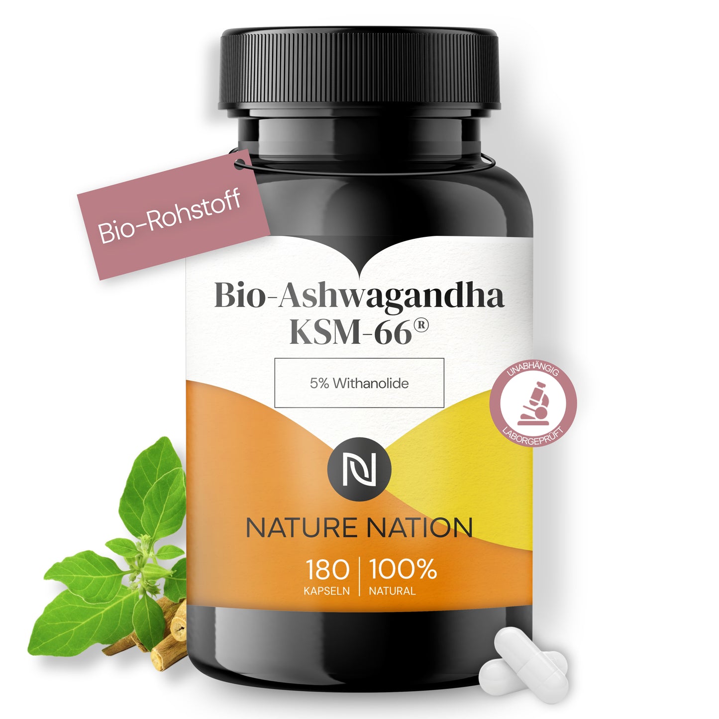 Ashwagandha KSM-66® - Hoch verfügbares Withanolid (+5%) im Halbjahresvorrat - Hochdosierte Formulierung - Laborgeprüft, vegan, in Deutschland produziert (1 x 180 Kapseln)