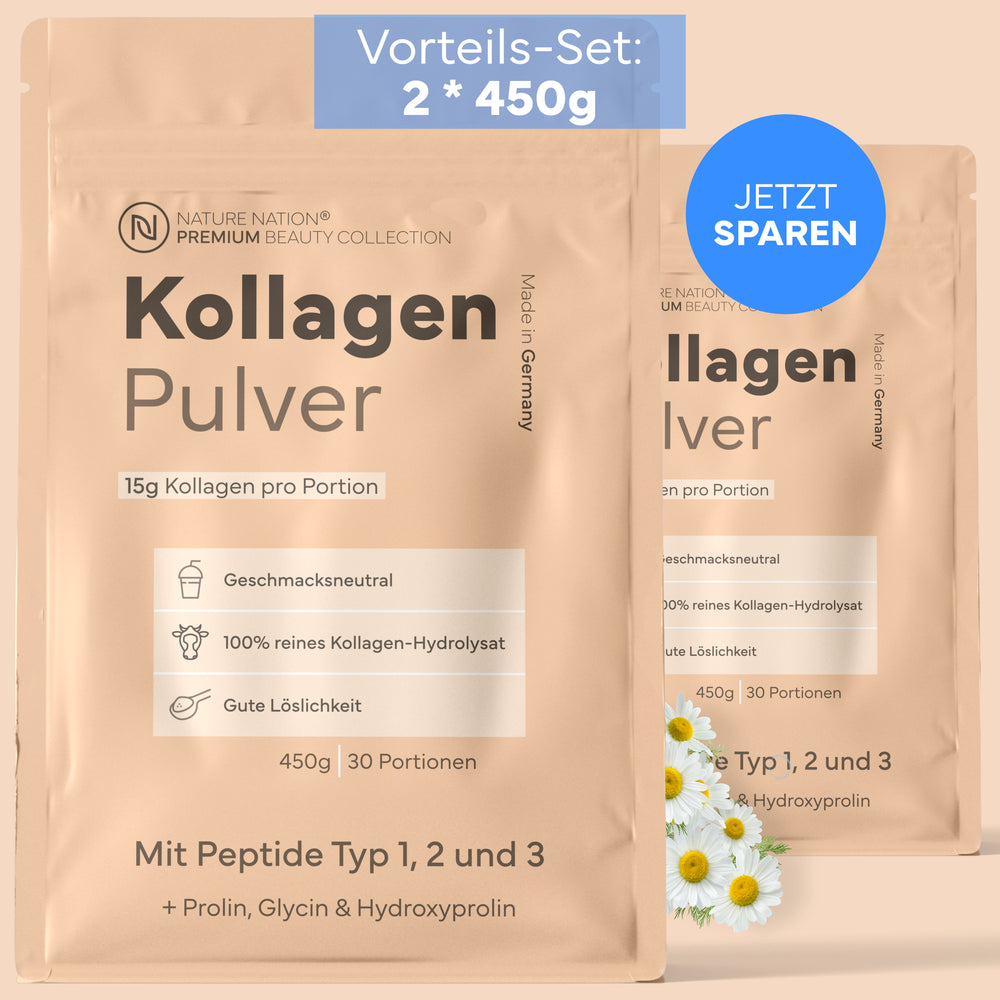 Kollagen Pulver Hydrolysat, 450g - 100% Peptide Typ I, II & III, geschmacksneutral & leicht löslich 2er-Set