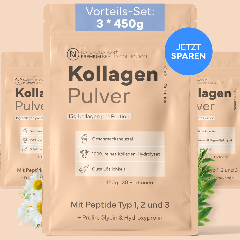 Kollagen Pulver Hydrolysat, 450g - 100% Peptide Typ I, II & III, geschmacksneutral & leicht löslich 3er-Set