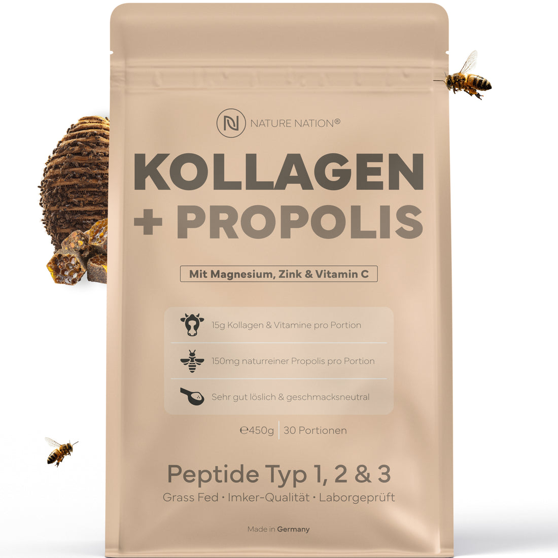 Kollagen Pulver + Propolis, 450g: Premium Kollagen-Hydrolysat Typ 1, 2 & 3 mit Bio-Propolis für Haut, Haare, Nägel & Gelenke