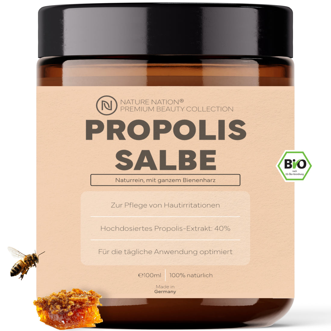 Propolissalbe, 100ml - Hochdosierte 40%-Propoliscreme, mit naturreinem Bio-Propolis, kaltgepresstem Traubenkernöl und Bienenwachs
