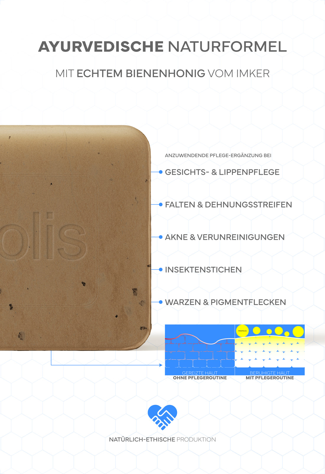 Propolis-Seife, 100g - Pflegende Naturseife mit Bio-Propolis & Honig, für die sanfte Reinigung von Haaren, Gesicht, Händen & Körper