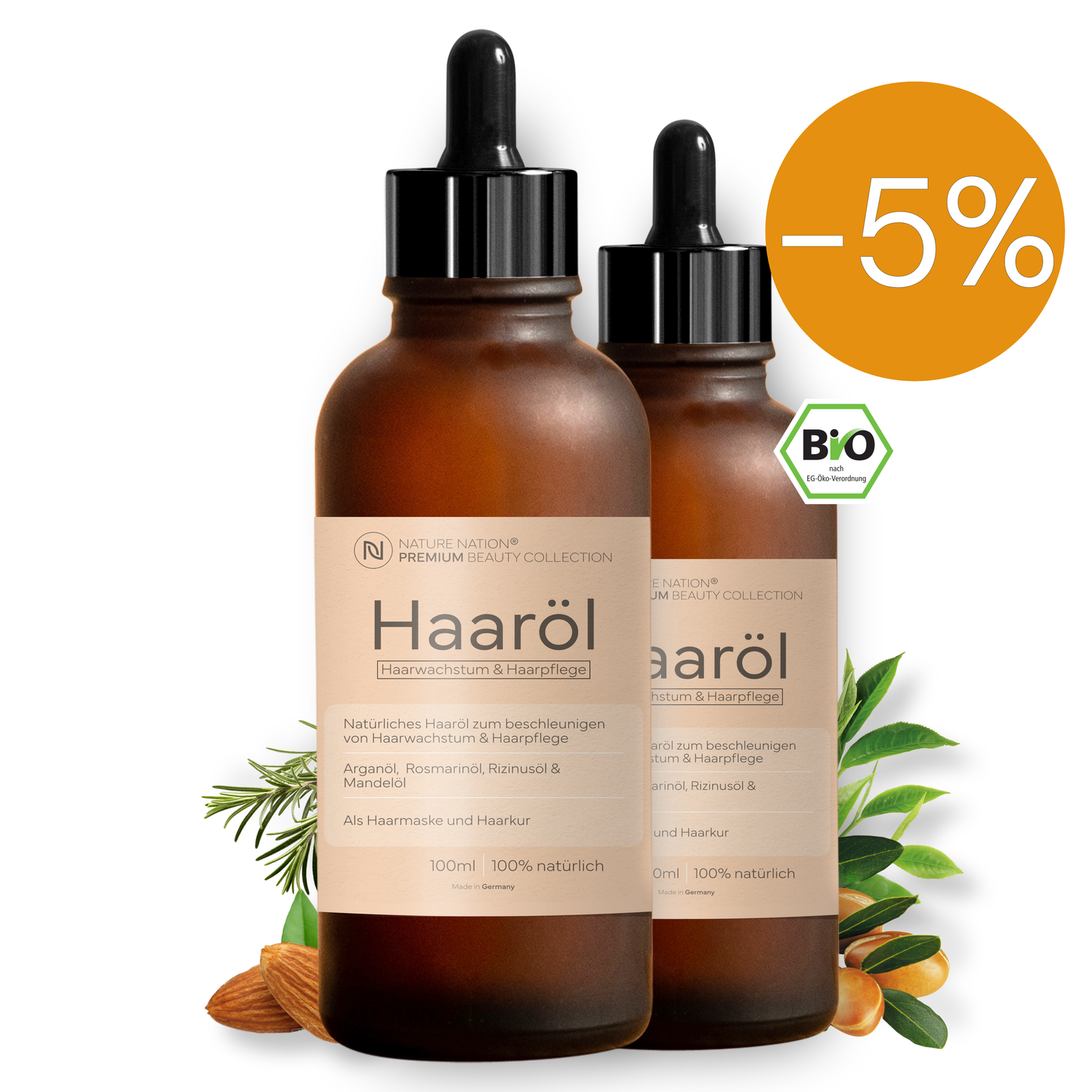 2 x Natürliches Haaröl - Haarwachstum (Haarwuchs) fördern mit Arganöl, Rizinusöl, Mandelöl, Rosmarinöl (Rosmarin) - Kaltgepresst & BIO - Haarwuchsöl als Haarmaske & Haarkur (1 x 100ml)