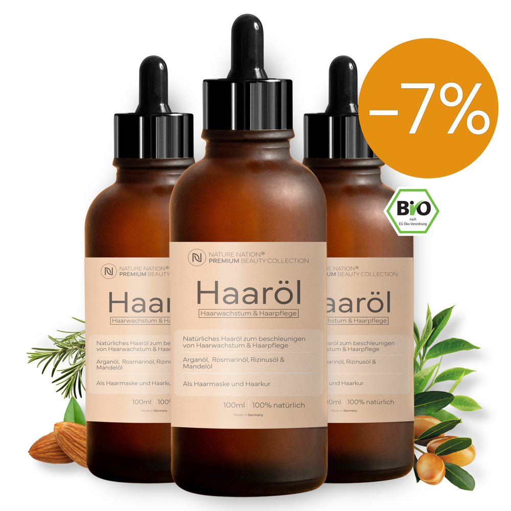 
                      
                        3 x Natürliches Haaröl - Haarwachstum (Haarwuchs) fördern mit Arganöl, Rizinusöl, Mandelöl, Rosmarinöl (Rosmarin) - Kaltgepresst & BIO - Haarwuchsöl als Haarmaske & Haarkur (1 x 100ml)
                      
                    