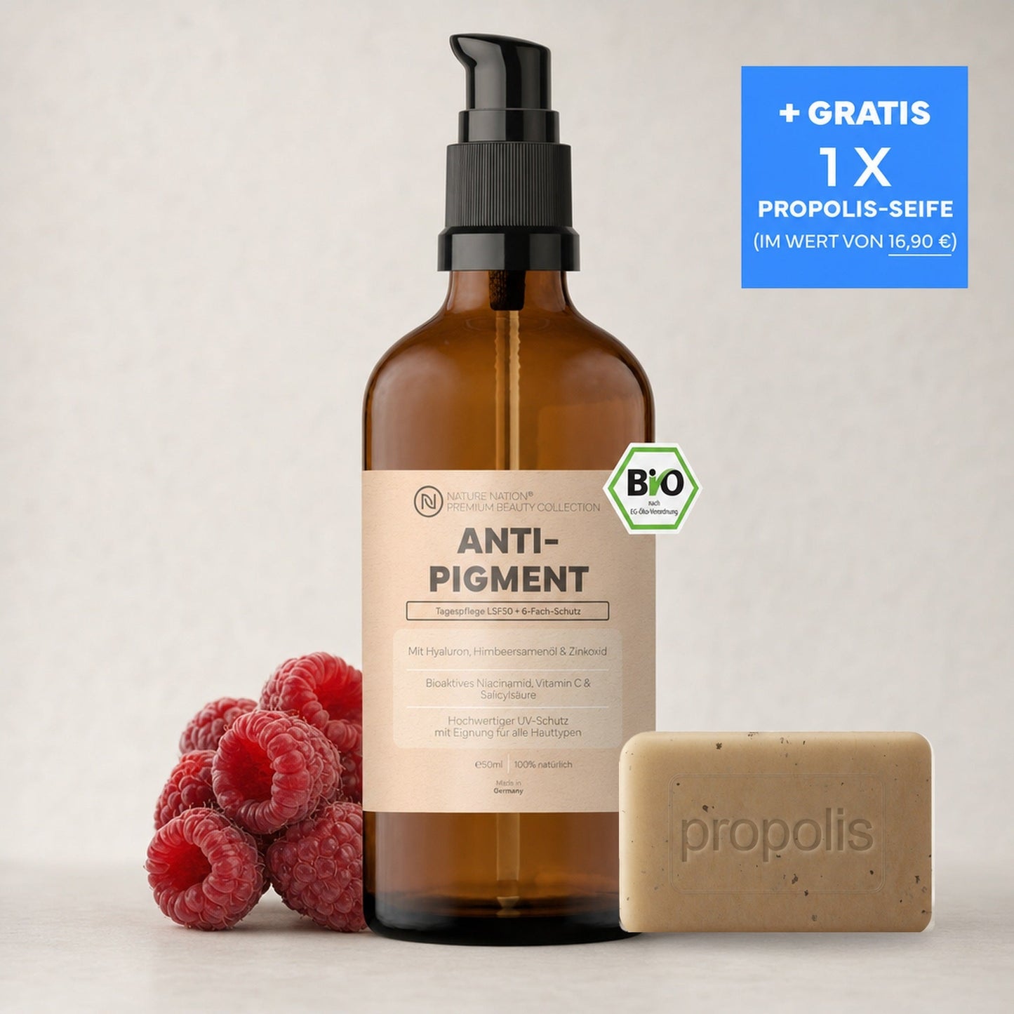 Anti-Pigment 50ml Pumpflasche mit gratis Propolis-Seife, Studioaufnahme