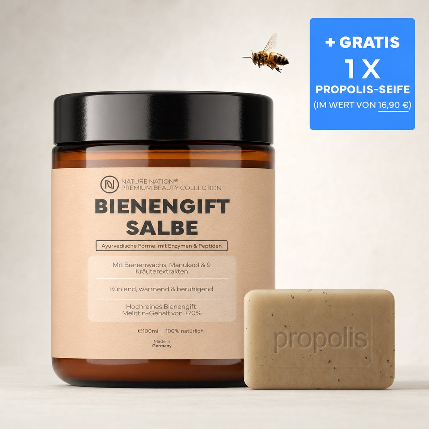 Bienengiftsalbe 100ml mit gratis Propolis-Seife, Studioaufnahme