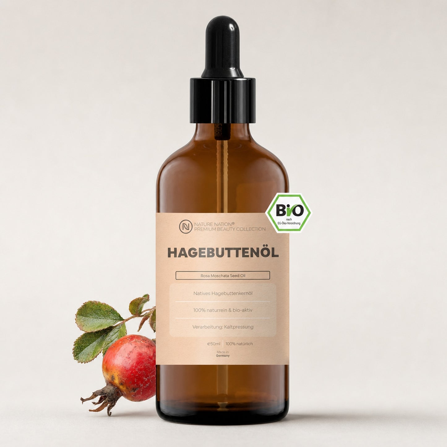 Pflanzliches Bio-Hagebuttenkernoel 50ml, Studioaufnahme