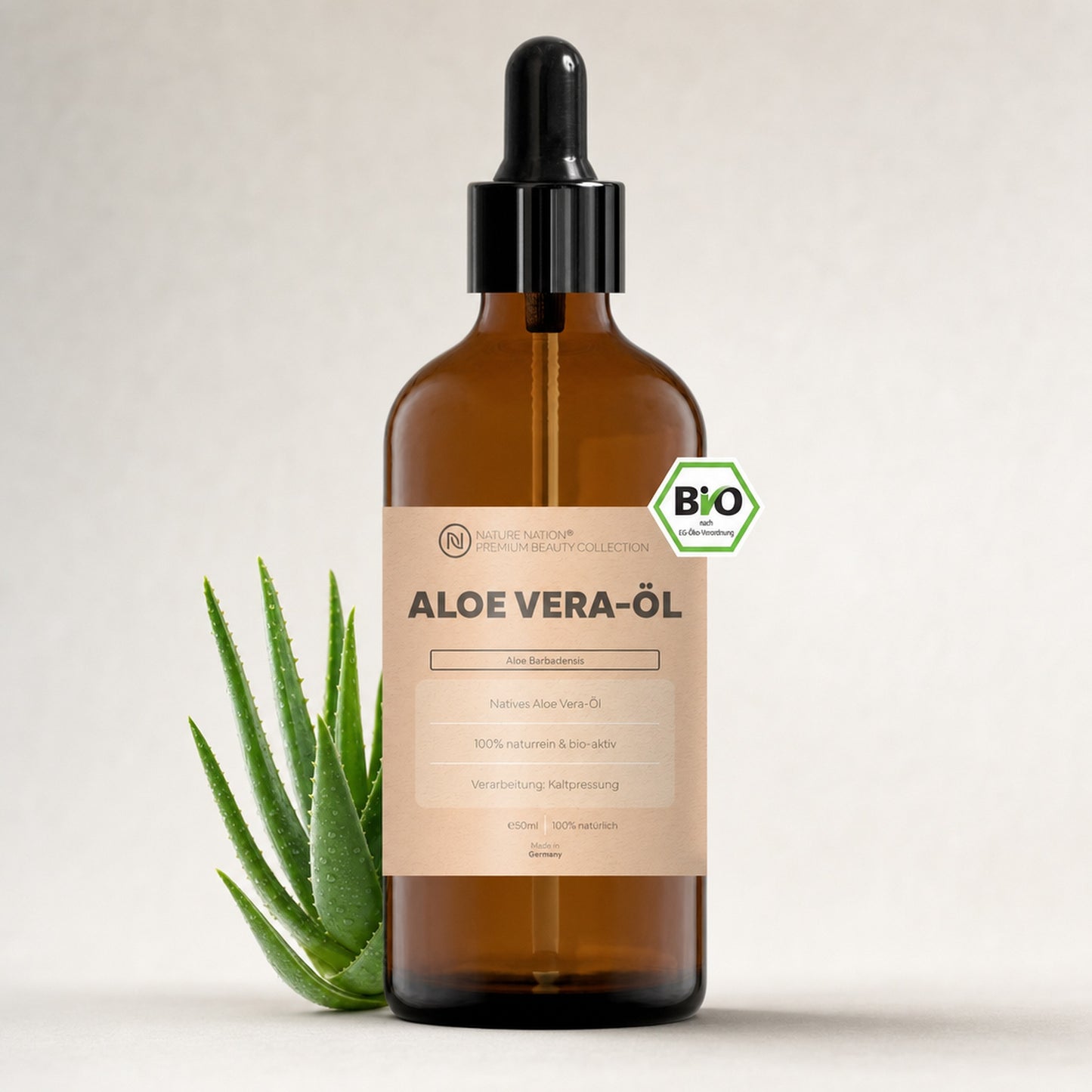Pflanzliches Bio-Aloe-Vera-Oel 50ml, Studioaufnahme