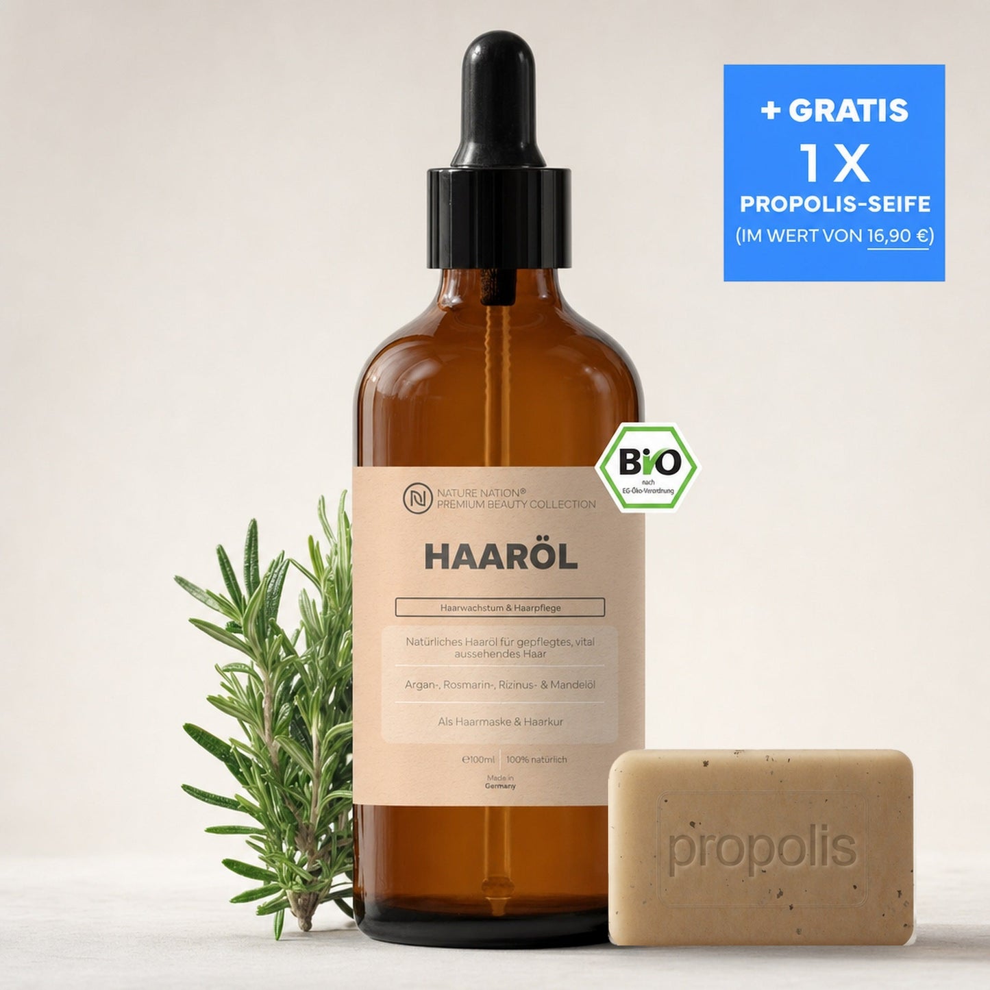 Natuerliches Haaroel mit Rosmarin und gratis Propolis-Seife, Studioaufnahme