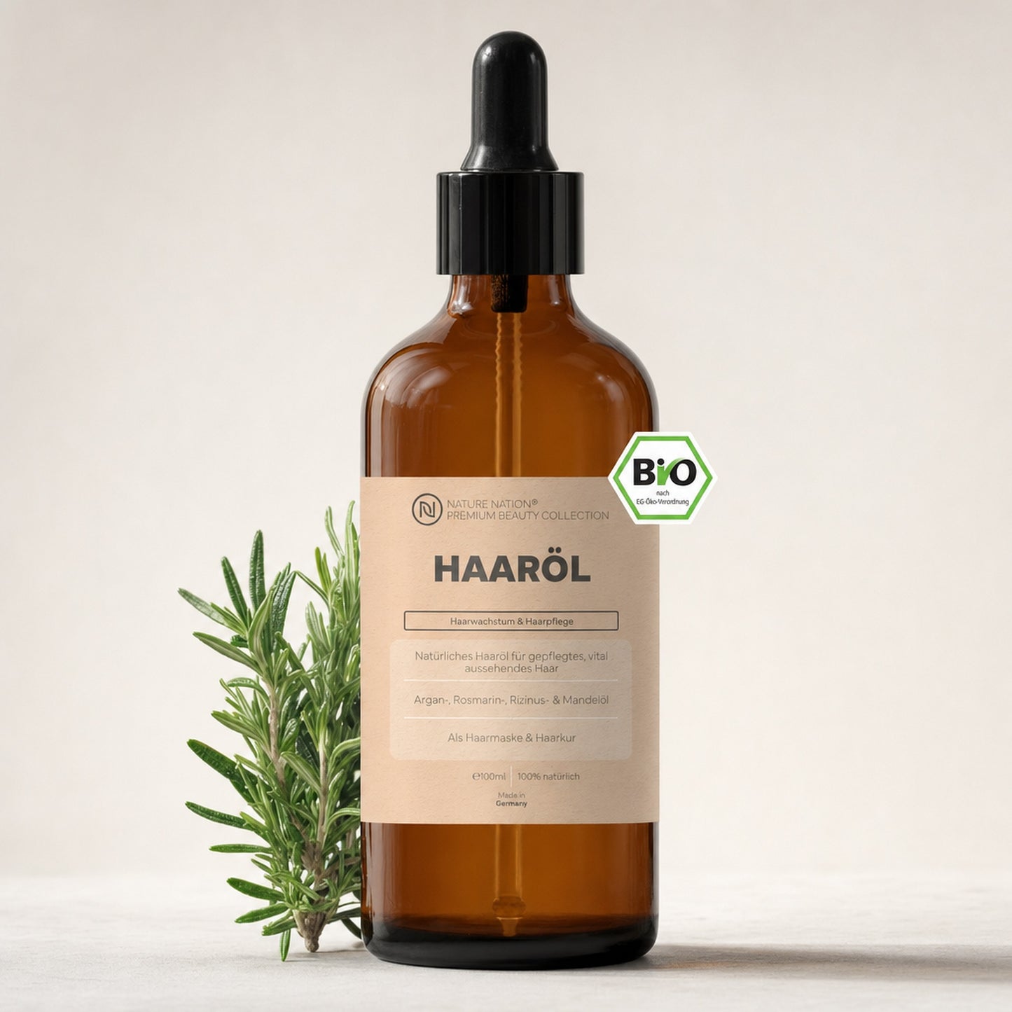 Natuerliches Haaroel mit Rosmarin, Studioaufnahme im natuerlichen Licht