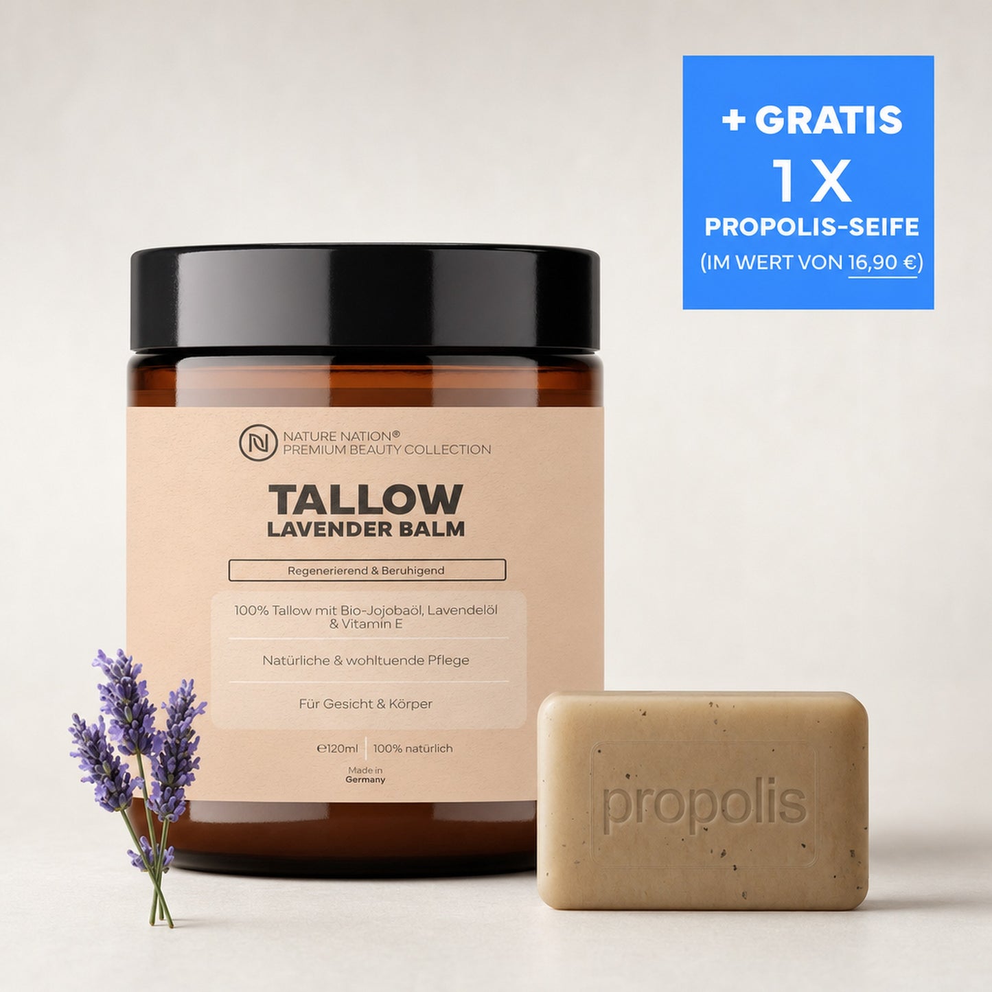 Tallow Lavender Balm mit gratis Propolis-Seife, Studioaufnahme