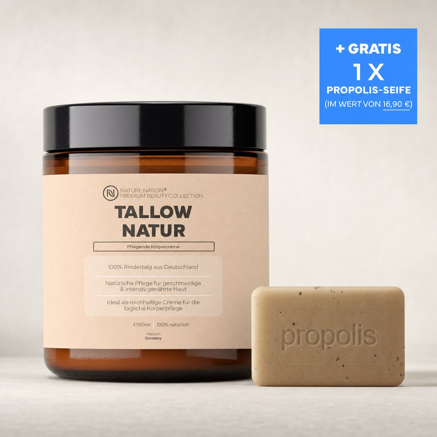 Tallow Rindertalg Creme Natur mit gratis Propolis-Seife, Studioaufnahme